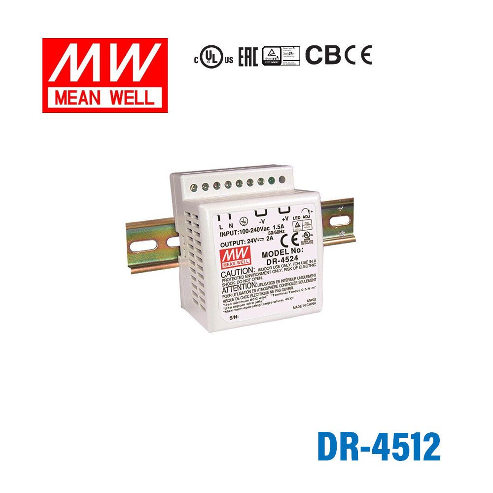 Mean Well DR - 4512 AC - DC Industrial DIN rail power supply 45W - DR-4512 - powersupplymall.com