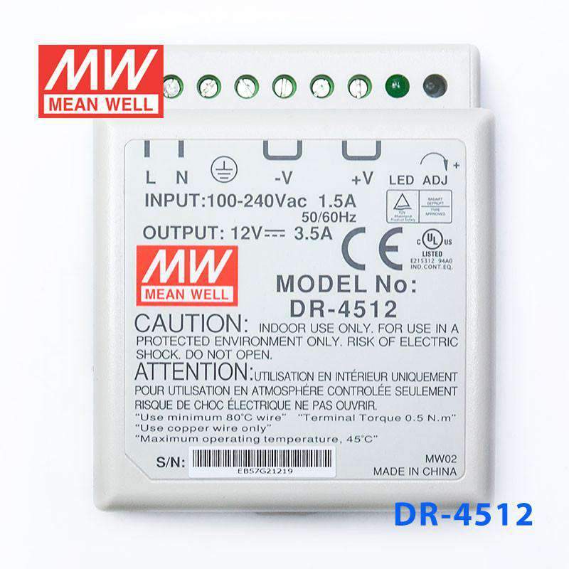 Mean Well DR - 4512 AC - DC Industrial DIN rail power supply 45W - DR - 4512 - powersupplymall.com