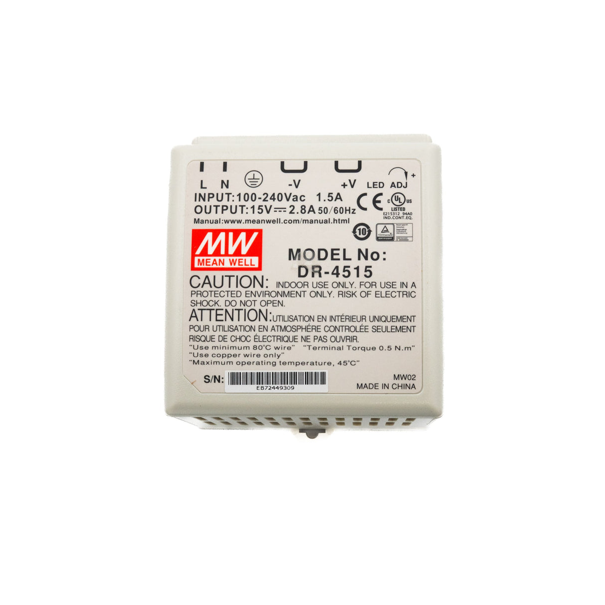Mean Well DR - 4515 AC - DC Industrial DIN rail power supply 45W - DR - 4515 - powersupplymall.com