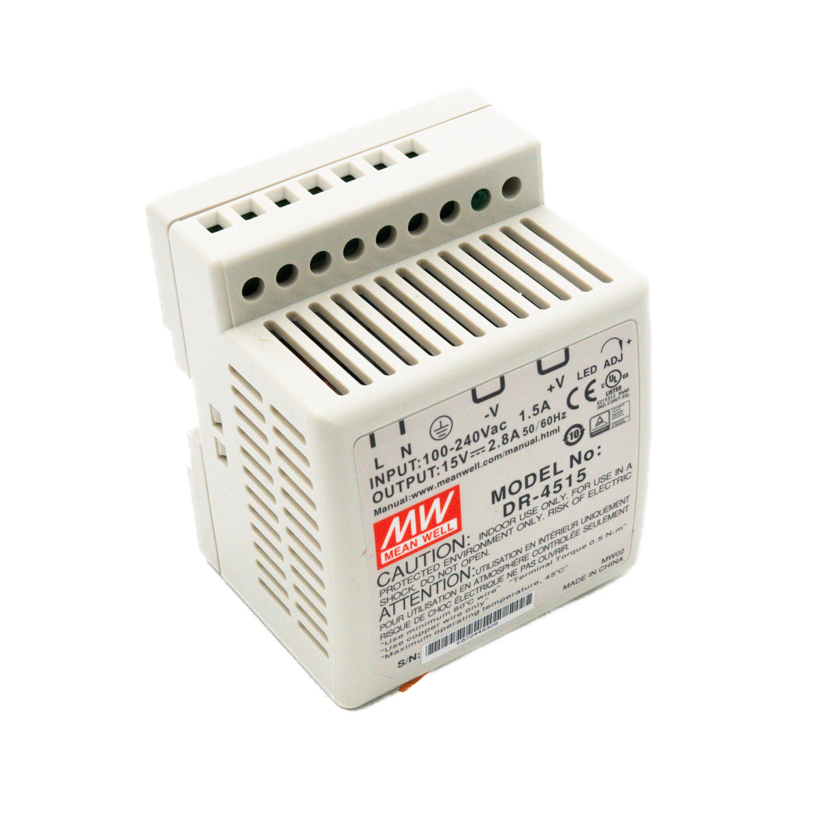 Mean Well DR - 4515 AC - DC Industrial DIN rail power supply 45W - DR - 4515 - powersupplymall.com