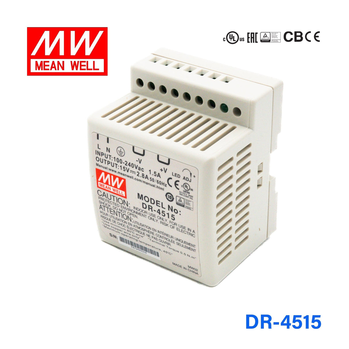 Mean Well DR - 4515 AC - DC Industrial DIN rail power supply 45W - DR - 4515 - powersupplymall.com
