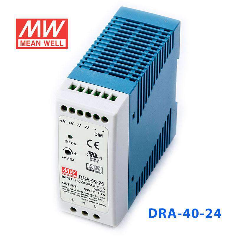 Mean Well DRA - 40 - 24 Single Output Switching Power Supply 40W 24V - DIN Rail - DRA - 40 - 24 - powersupplymall.com