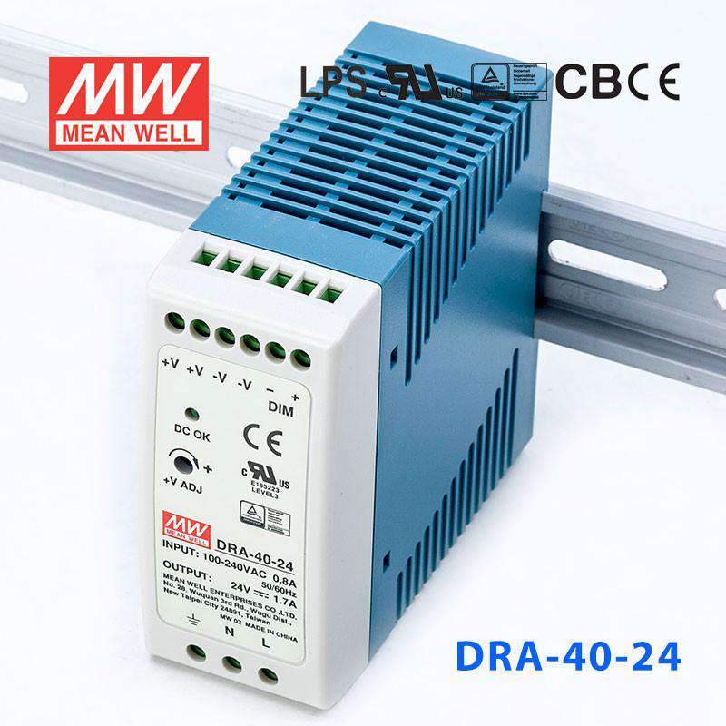 Mean Well DRA - 40 - 24 Single Output Switching Power Supply 40W 24V - DIN Rail - DRA - 40 - 24 - powersupplymall.com