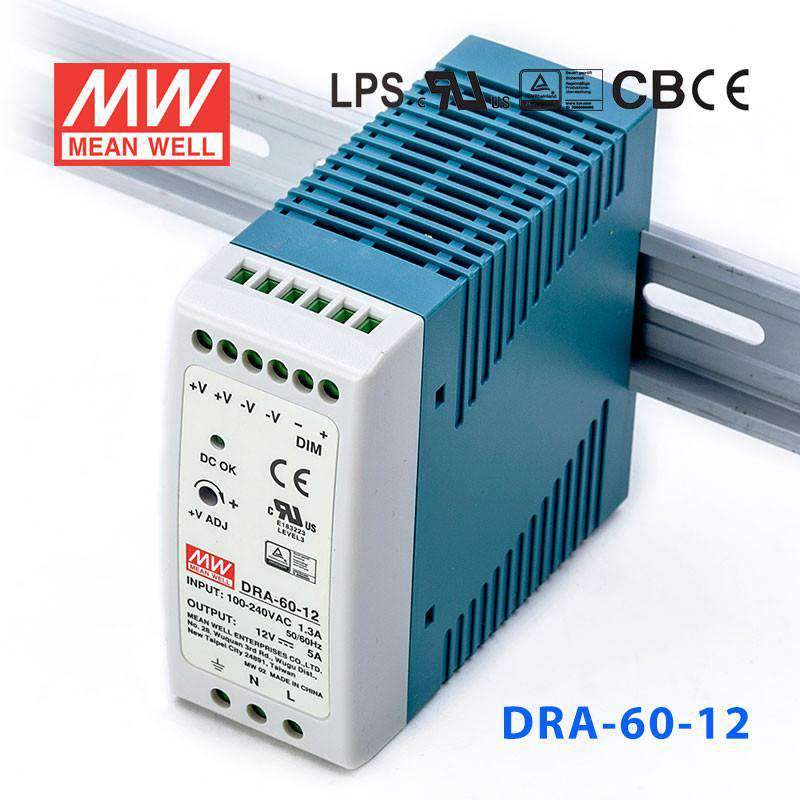 Mean Well DRA - 60 - 12 Single Output Switching Power Supply 60W 12V - DIN Rail - DRA - 60 - 12 - powersupplymall.com
