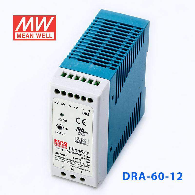 Mean Well DRA - 60 - 12 Single Output Switching Power Supply 60W 12V - DIN Rail - DRA - 60 - 12 - powersupplymall.com
