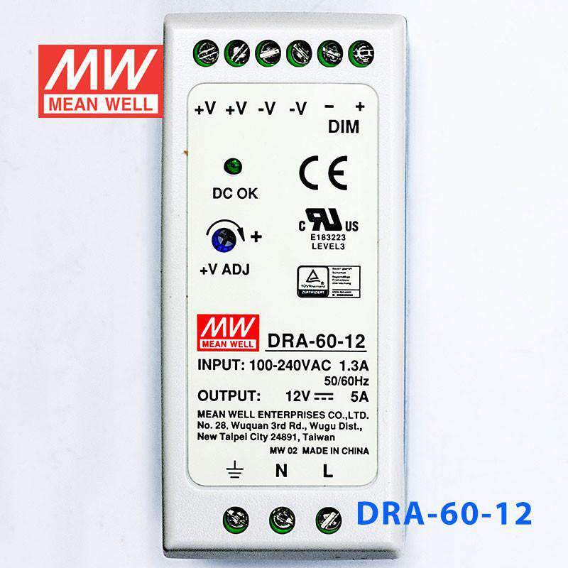Mean Well DRA - 60 - 12 Single Output Switching Power Supply 60W 12V - DIN Rail - DRA - 60 - 12 - powersupplymall.com