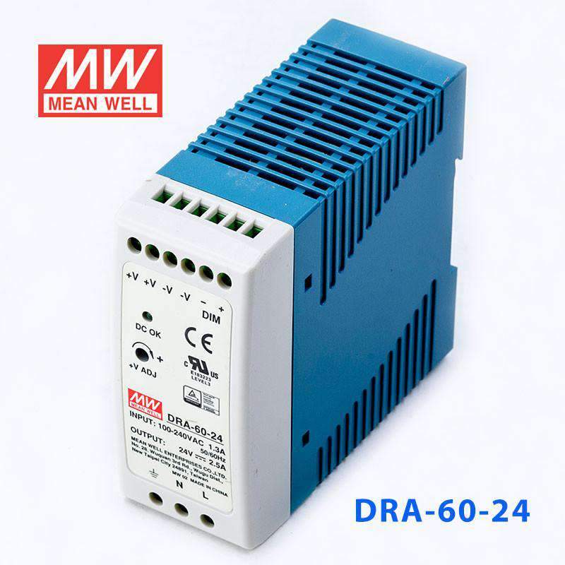 Mean Well DRA - 60 - 24 Single Output Switching Power Supply 60W 24V - DIN Rail - DRA - 60 - 24 - powersupplymall.com