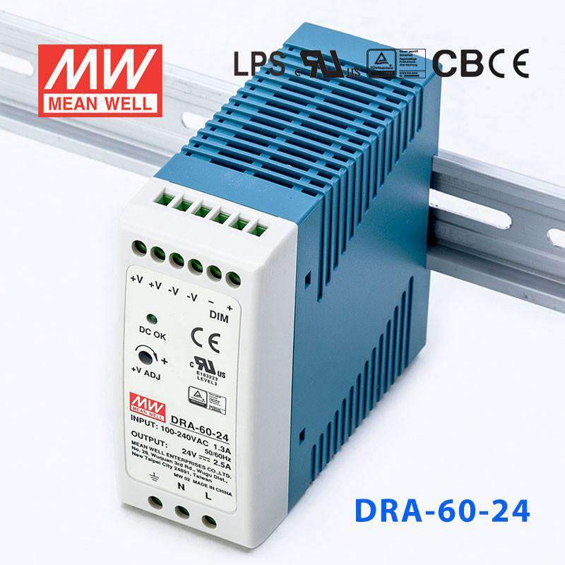 Mean Well DRA - 60 - 24 Single Output Switching Power Supply 60W 24V - DIN Rail - DRA - 60 - 24 - powersupplymall.com