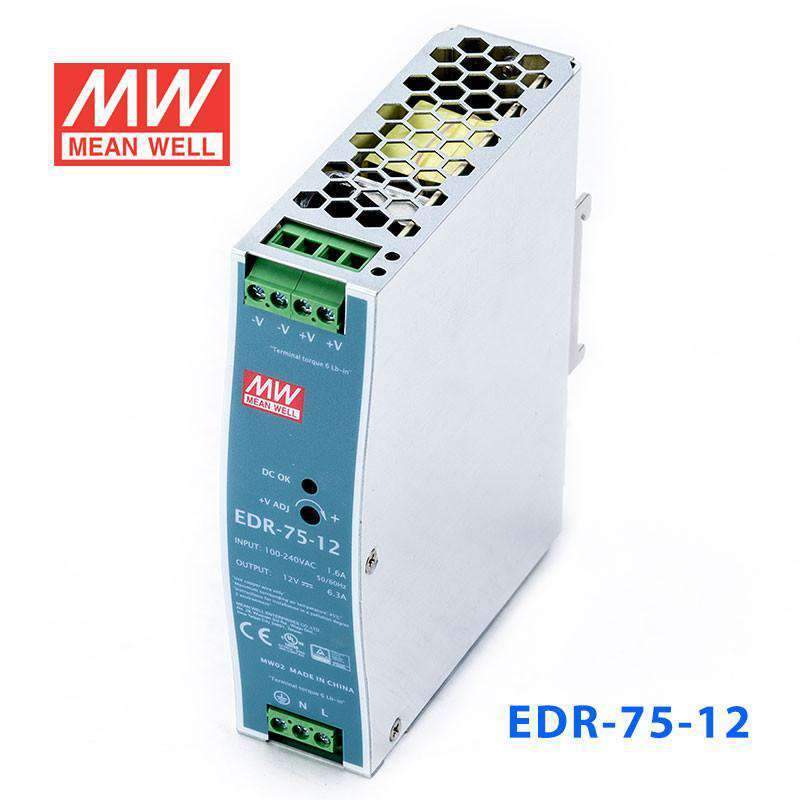 Mean Well EDR - 75 - 12 Single Output Industrial Power Supply 75W 12V - DIN Rail - EDR - 75 - 12 - powersupplymall.com