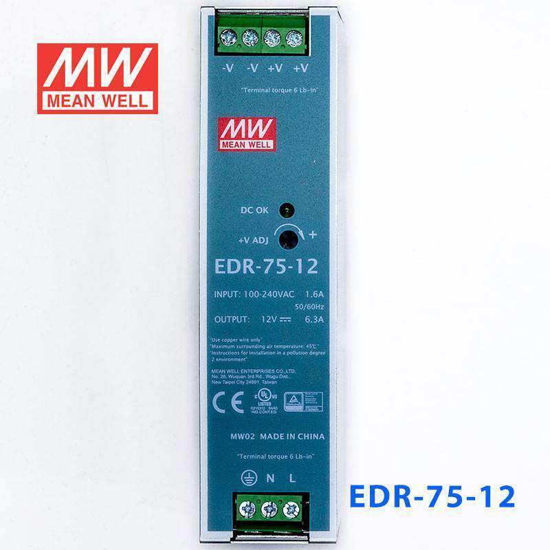 Mean Well EDR - 75 - 12 Single Output Industrial Power Supply 75W 12V - DIN Rail - EDR - 75 - 12 - powersupplymall.com