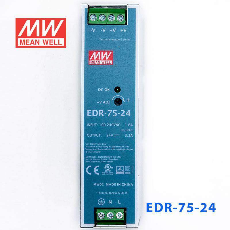 Mean Well EDR - 75 - 24 Single Output Industrial Power Supply 75W 24V - DIN Rail - EDR - 75 - 24 - powersupplymall.com
