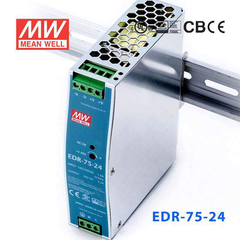 Mean Well EDR - 75 - 24 Single Output Industrial Power Supply 75W 24V - DIN Rail - EDR - 75 - 24 - powersupplymall.com