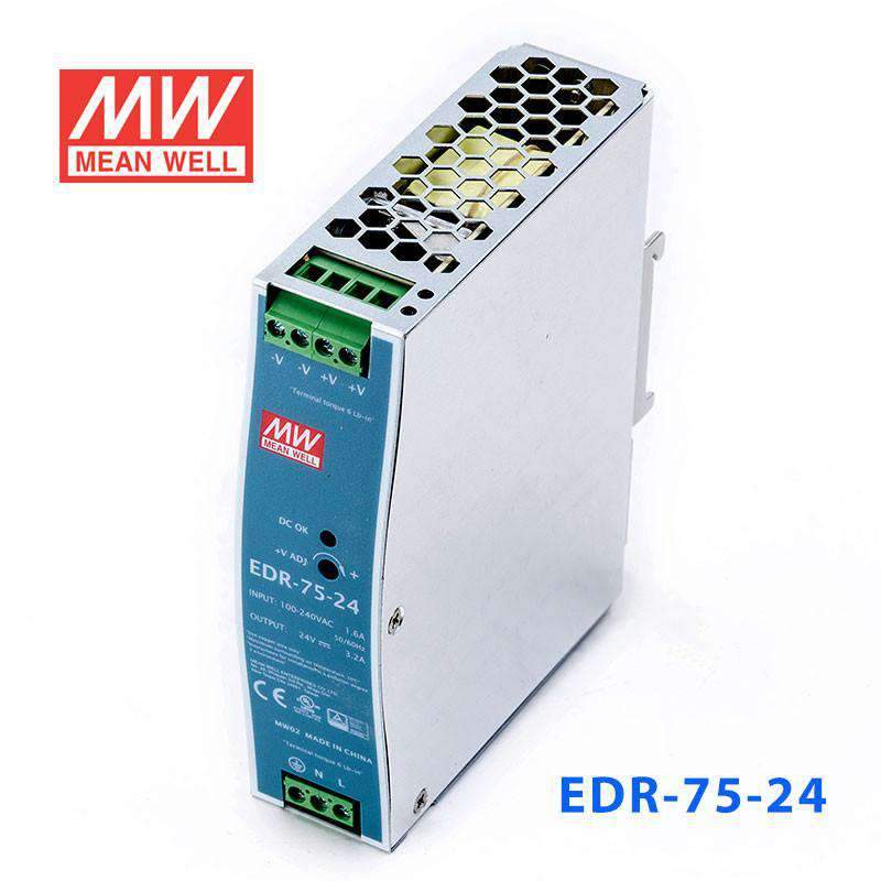 Mean Well EDR - 75 - 24 Single Output Industrial Power Supply 75W 24V - DIN Rail - EDR - 75 - 24 - powersupplymall.com