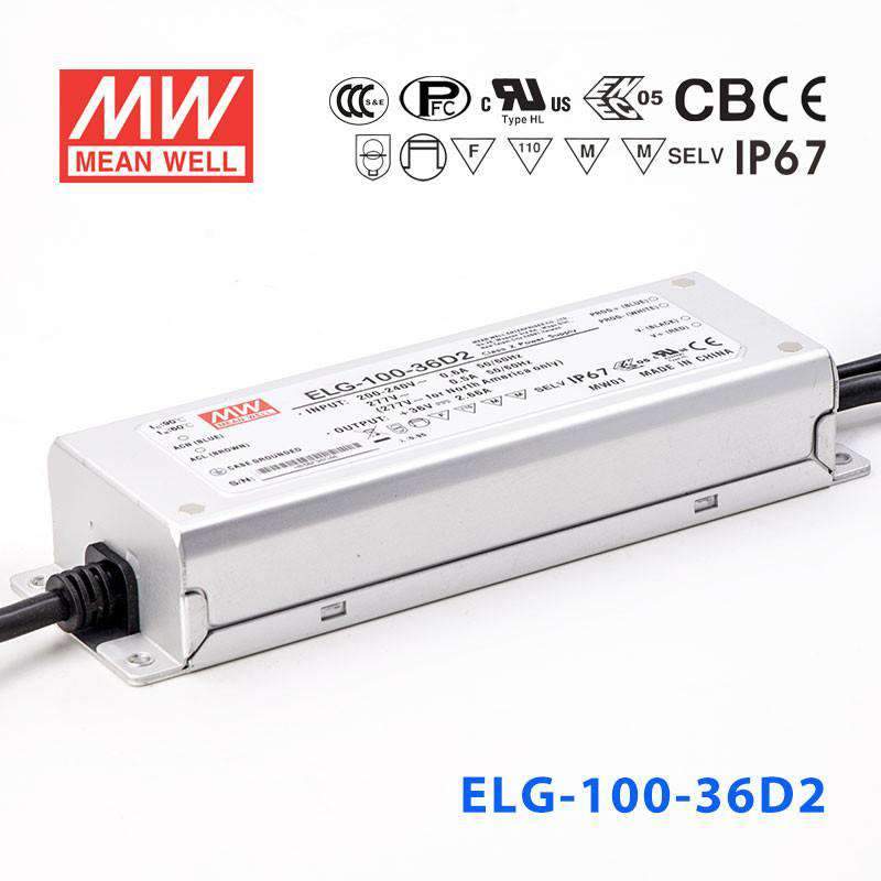 Mean Well ELG - 100 - 36D2 AC - DC Single output LED Driver Mix Mode (CV+CC) with PFC - ELG - 100 - 36D2 - powersupplymall.com