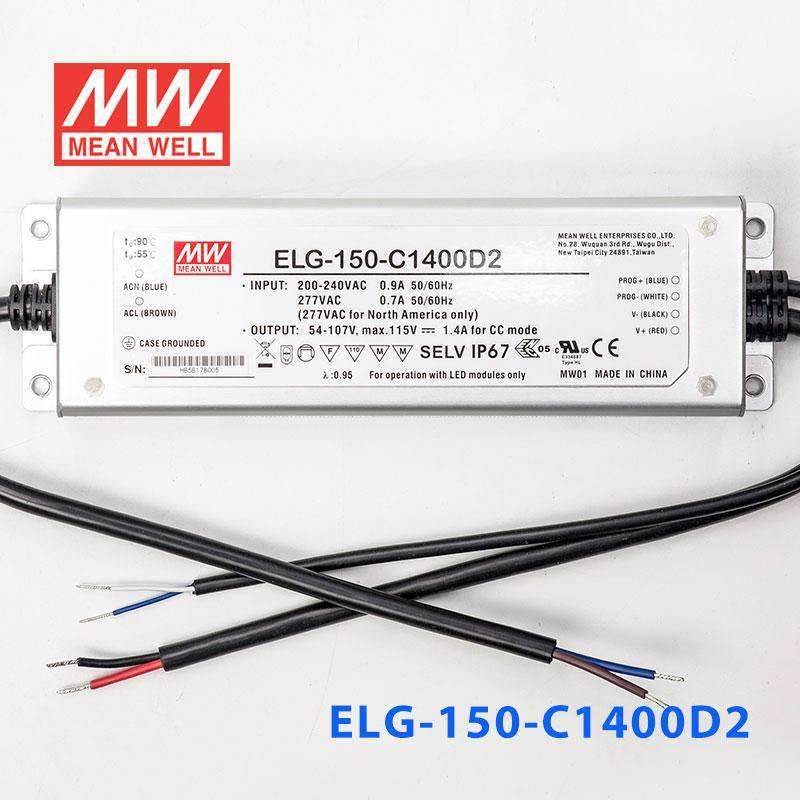 Mean Well ELG-150-C1400D2 AC-DC Single output LED Driver (CC) with PFC - ELG-150-C1400D2 - powersupplymall.com