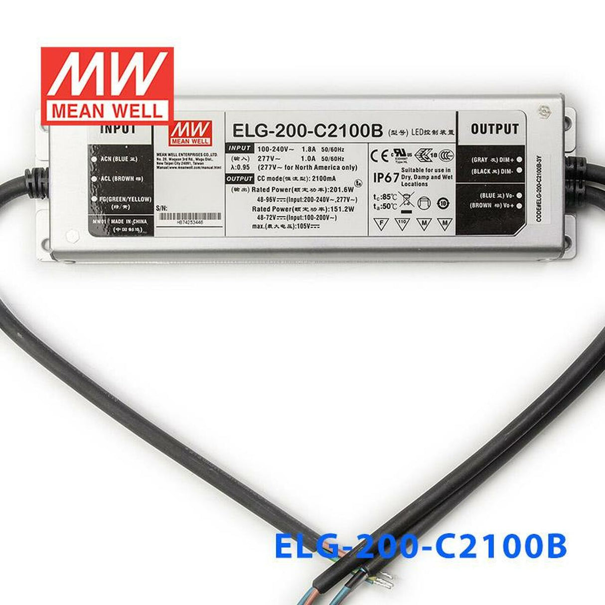 Mean Well ELG - 200 - C2100D2 AC - DC Single output LED Driver (CC) with PFC - ELG - 200 - C2100D2 - powersupplymall.com