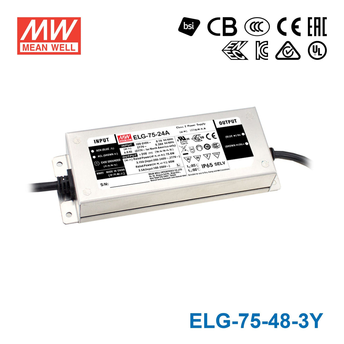 Mean Well ELG-75-48-3Y Power Supply 75W 48V 1.6A — 3-Wire Input (with Earth) - ELG-75-48-3Y - powersupplymall.com