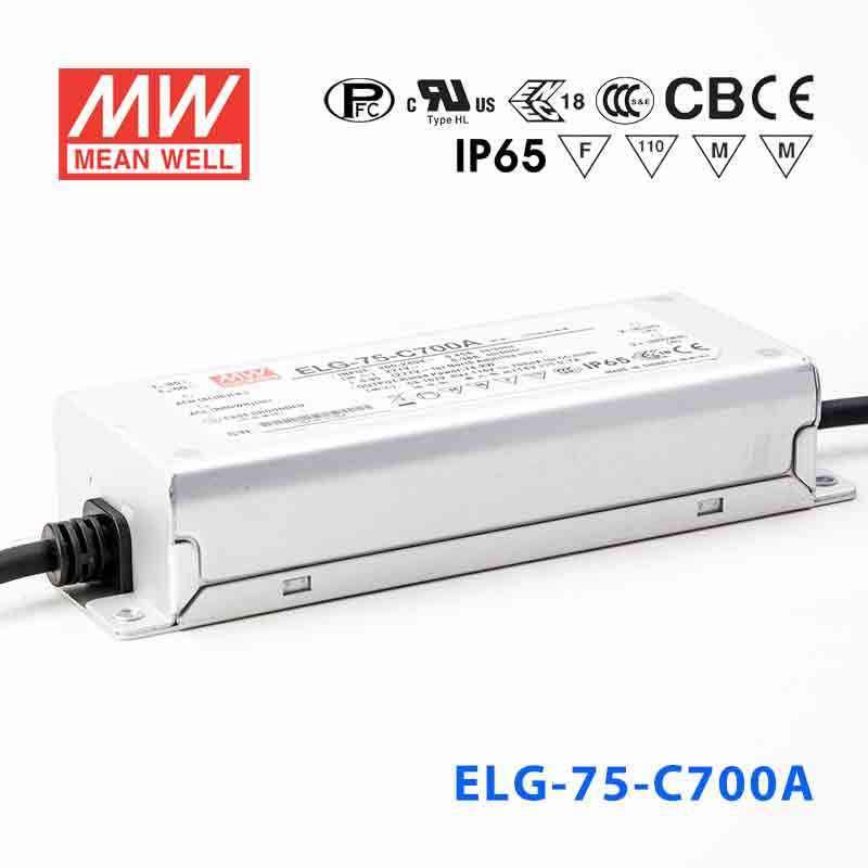 Mean Well ELG - 75 - C700A Power Supply 75W 700mA - Adjustable - ELG - 75 - C700A - powersupplymall.com