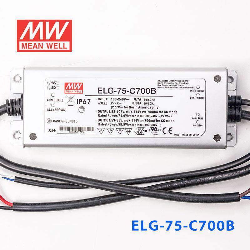 Mean Well ELG - 75 - C700B Power Supply 75W 700mA - Dimmable - ELG - 75 - C700B - powersupplymall.com