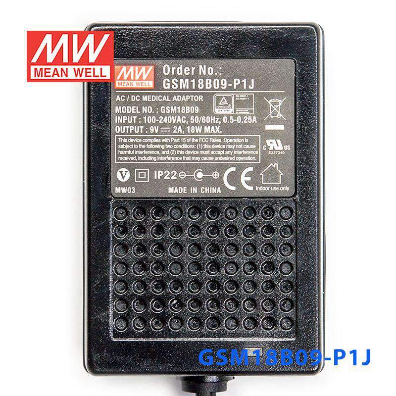 Mean Well GSM18B09 - P1J Power Supply 18W 9V - GSM18B09 - P1J - powersupplymall.com