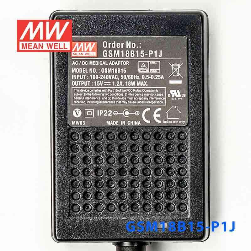Mean Well GSM18B15 - P1J Power Supply 18W 15V - GSM18B15 - P1J - powersupplymall.com