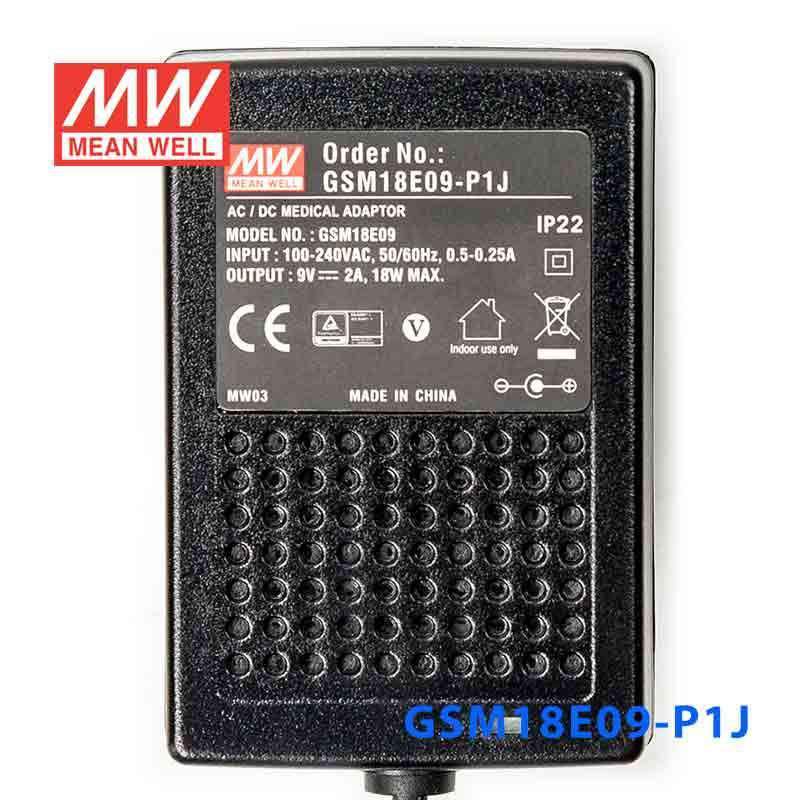 Mean Well GSM18E09 - P1J Power Supply 18W 9V - GSM18E09 - P1J - powersupplymall.com