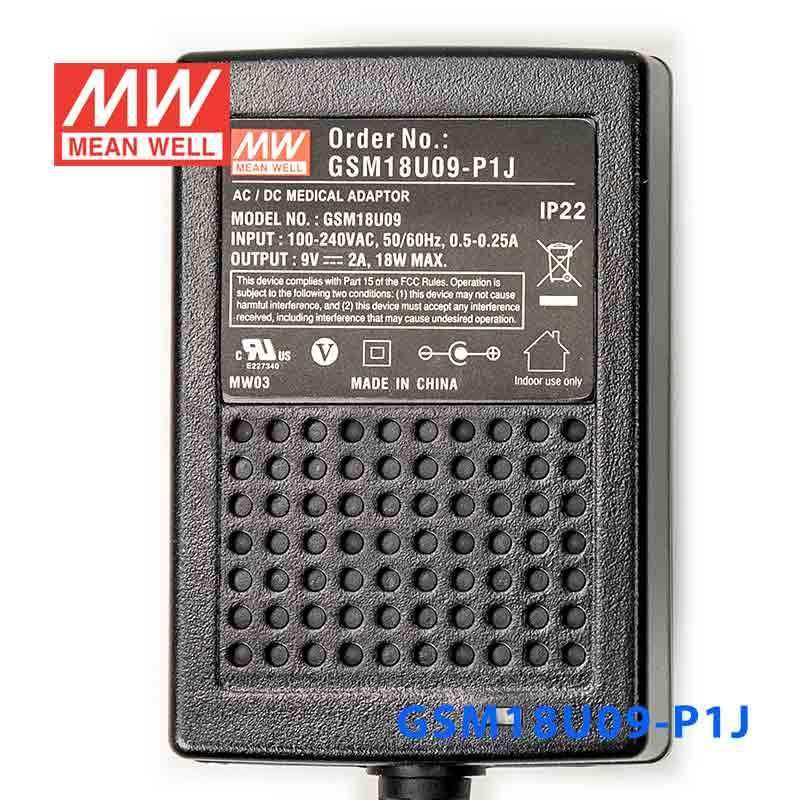 Mean Well GSM18U09 - P1J Power Supply 18W 9V - GSM18U09 - P1J - powersupplymall.com