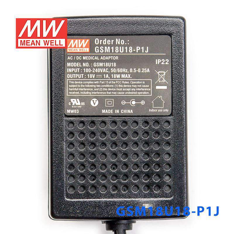 Mean Well GSM18U18 - P1J Power Supply 18W 18V - GSM18U18 - P1J - powersupplymall.com