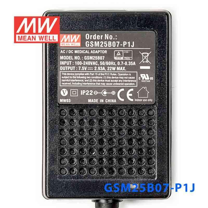 Mean Well GSM25B07 - P1J Power Supply 22W 7.5V - GSM25B07 - P1J - powersupplymall.com