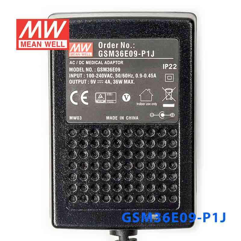 Mean Well GSM36E09 - P1J Power Supply 36W 9V - GSM36E09 - P1J - powersupplymall.com