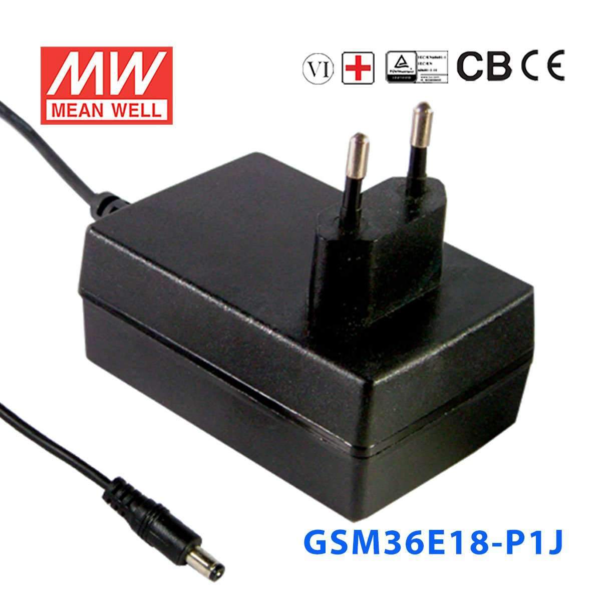 Mean Well GSM36E18 - P1J Power Supply 36W 18V - GSM36E18 - P1J - powersupplymall.com