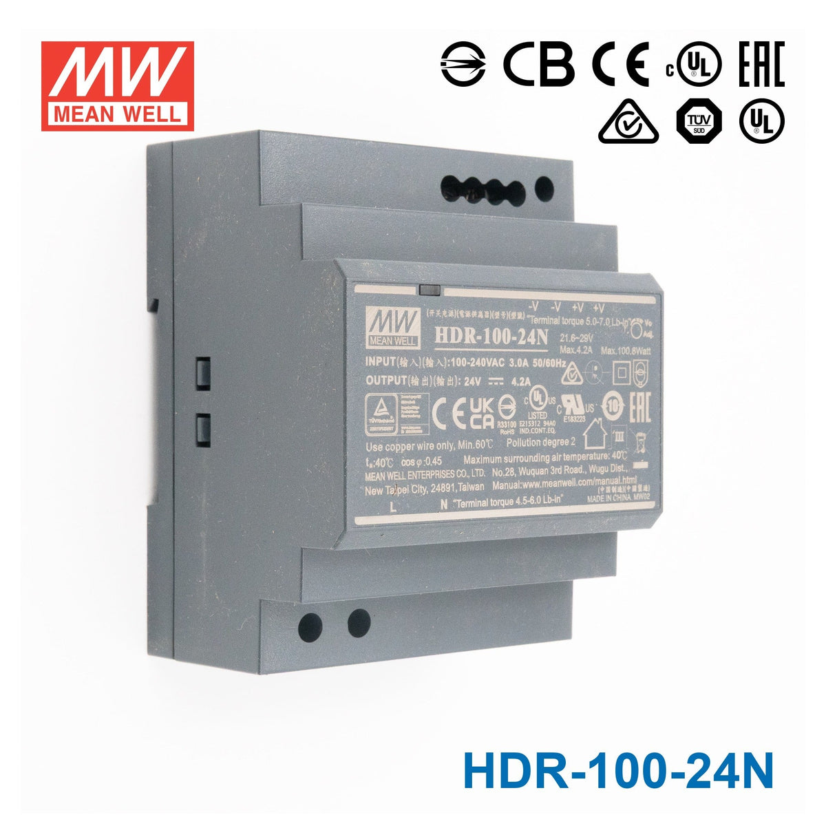 Mean Well HDR-100-24N Ultra Slim Step Shape Power Supply 100W 24V 4.2A - DIN Rail - HDR-100-24N - powersupplymall.com