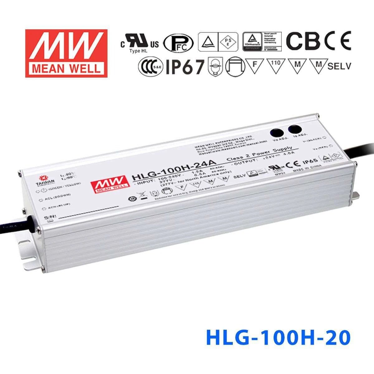 Mean Well HLG - 100H - 20 Power Supply 100W 20V - HLG - 100H - 20 - powersupplymall.com