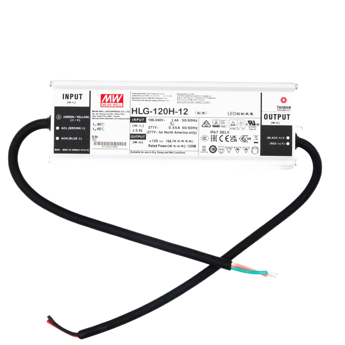 Mean Well HLG-120H-12 Power Supply 120W 12V 10A - HLG-120H-12 - powersupplymall.com