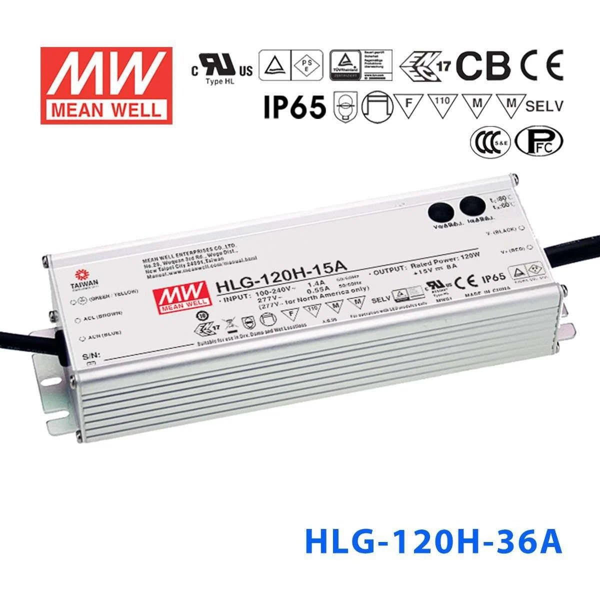Mean Well HLG - 120H - 36A Power Supply 120W 36V - Adjustable - HLG - 120H - 36A - powersupplymall.com