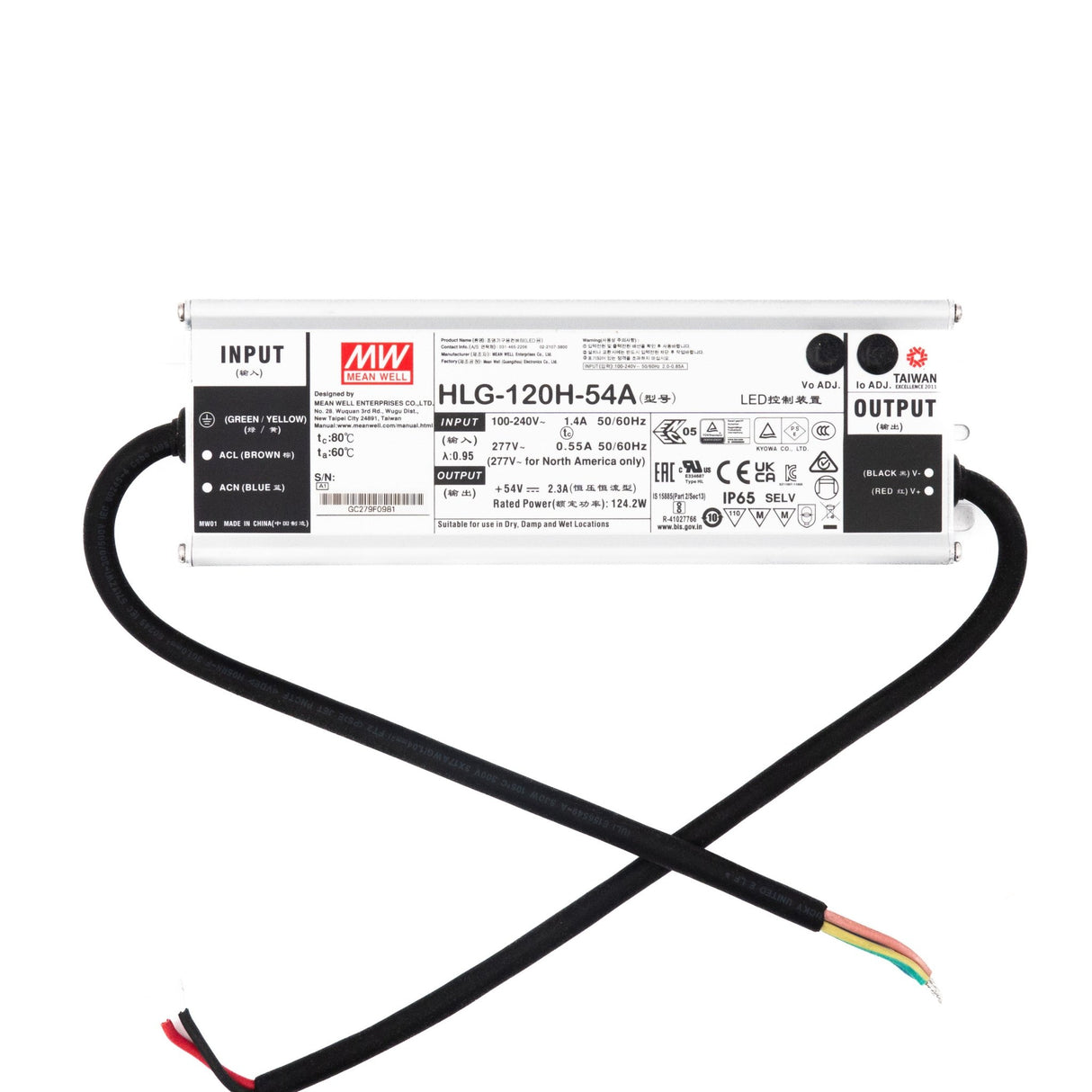 Mean Well HLG - 120H - 54A Power Supply 120W 54V - Adjustable - HLG - 120H - 54A - powersupplymall.com