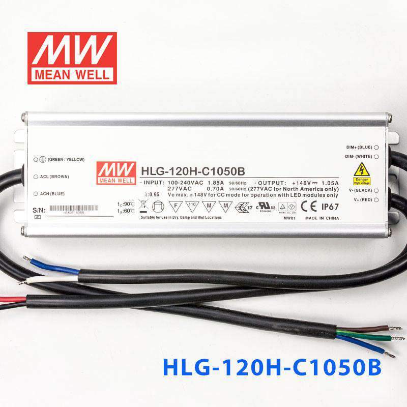 Mean Well HLG - 120H - C1050B Power Supply 155.4W 1050mA - Dimmable - HLG - 120H - C1050B - powersupplymall.com