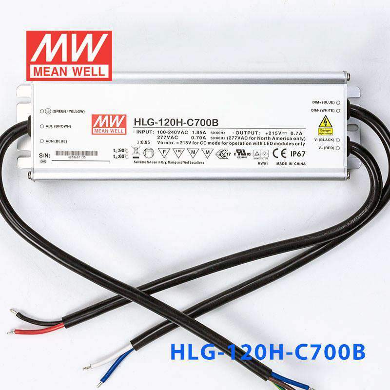 Mean Well HLG - 120H - C700B Power Supply 150.5W 700mA - Dimmable - HLG-120H-C700B - powersupplymall.com