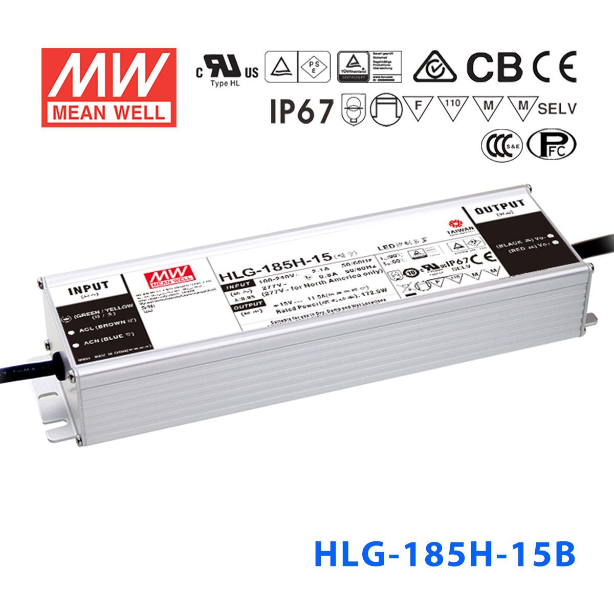 Mean Well HLG - 185H - 15AB Power Supply 172.5W 15V - Adjustable and Dimmable - HLG - 185H - 15AB - powersupplymall.com