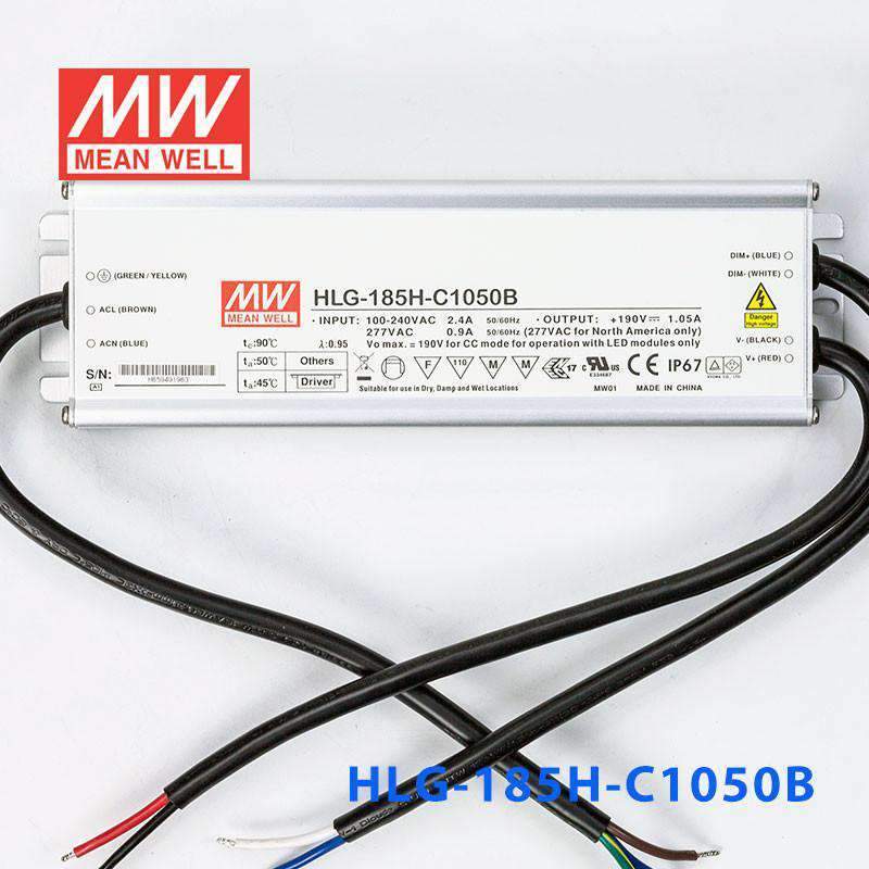 Mean Well HLG - 185H - C1050B Power Supply 199.5W 1050mA - Dimmable - HLG - 185H - C1050B - powersupplymall.com