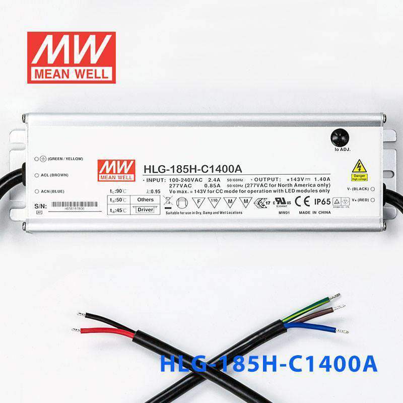 Mean Well HLG - 185H - C1400A Power Supply 200.2W 1400mA - Adjustable - HLG - 185H - C1400A - powersupplymall.com