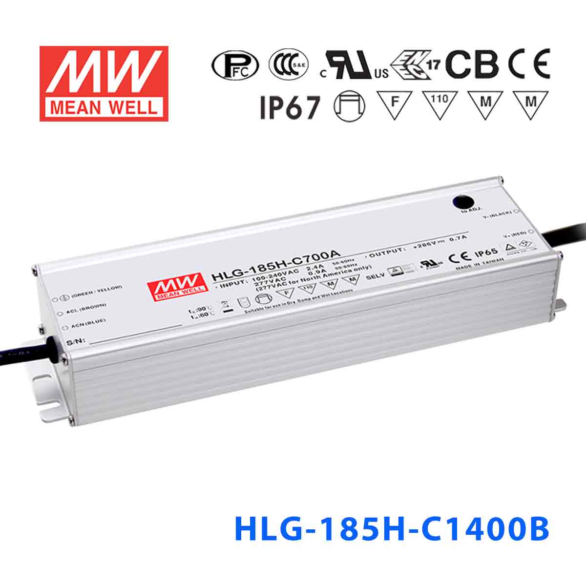 Mean Well HLG - 185H - C1400AB Power Supply 200.2W 1400mA - Adjustable and Dimmable - HLG - 185H - C1400AB - powersupplymall.com