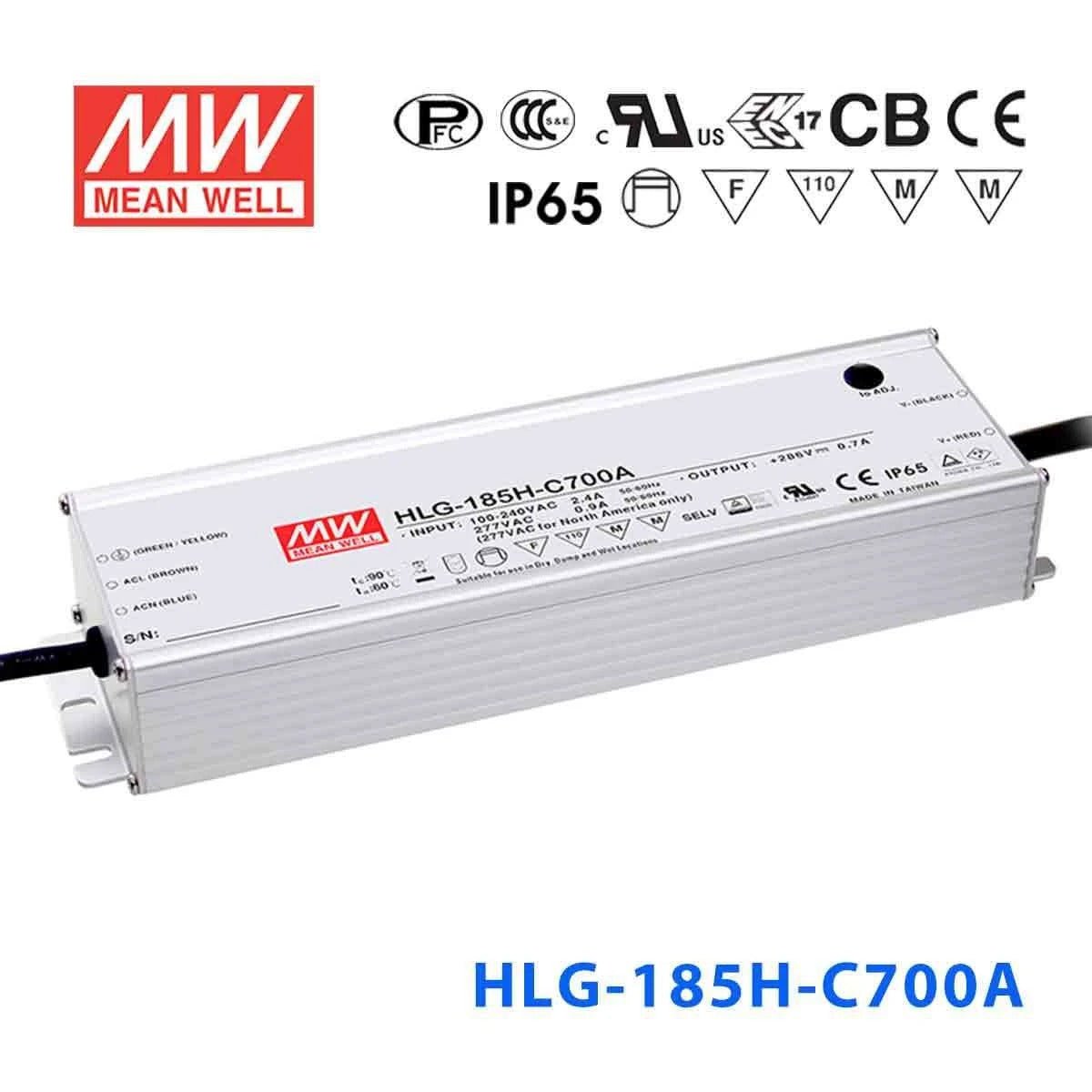 Mean Well HLG - 185H - C700A Power Supply 200.2W 700mA - Adjustable - HLG - 185H - C700A - powersupplymall.com