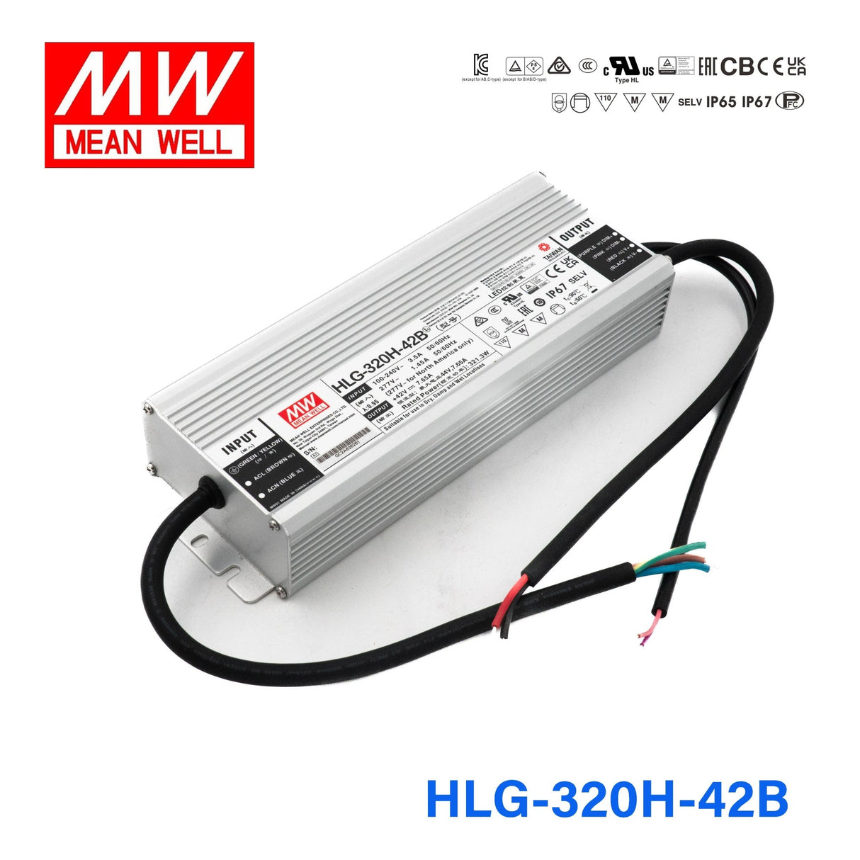 Mean Well HLG-320H-42B Power Supply 320W 42V- Dimmable 7.65A - HLG-320H-42B - powersupplymall.com
