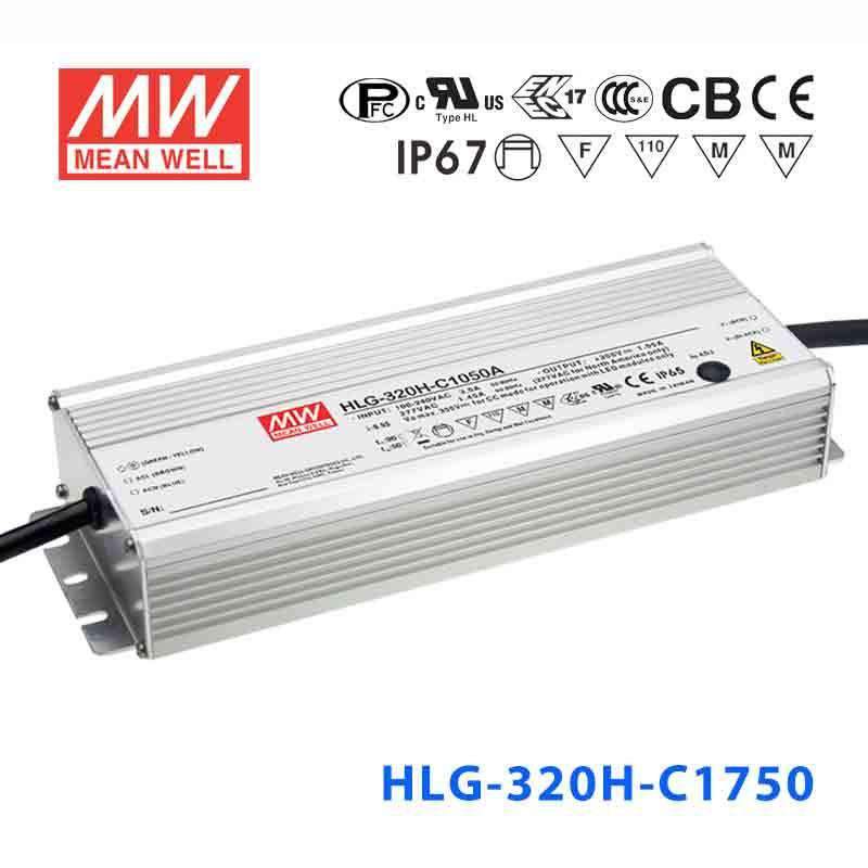 Mean Well HLG - 320H - C1750B Power Supply 320.25W 1750mA - Dimmable - HLG - 320H - C1750B - powersupplymall.com