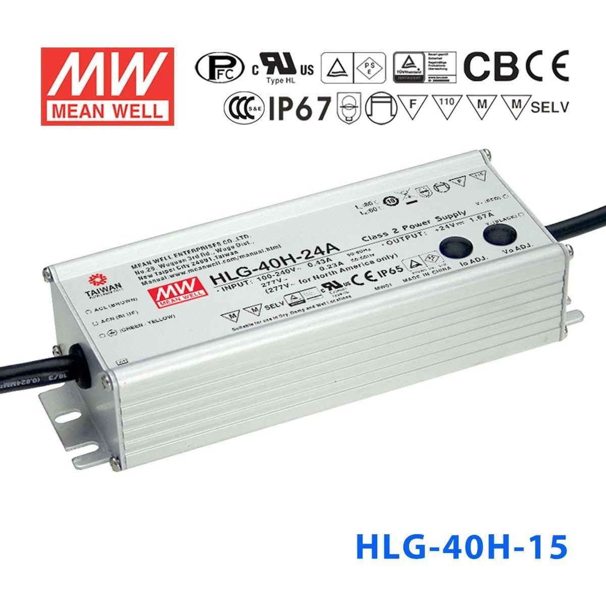 Mean Well HLG-40H-15 Power Supply 40W 15V 2.67A - HLG-40H-15 - powersupplymall.com
