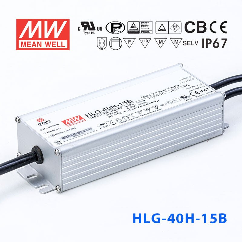 Mean Well HLG-40H-15AB Power Supply 40W 15V - Adjustable and Dimmable 2.67A - HLG-40H-15AB - powersupplymall.com