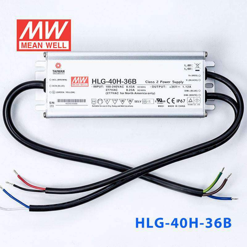 Mean Well HLG-40H-36B Power Supply 40W 36V - Dimmable 1.12A - HLG-40H-36B - powersupplymall.com