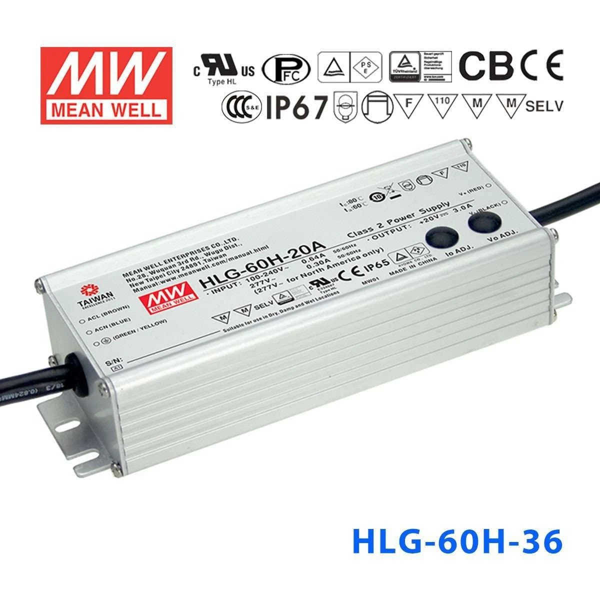 Mean Well HLG-60H-36 Power Supply 60W 36V 1.7A - HLG-60H-36 - powersupplymall.com