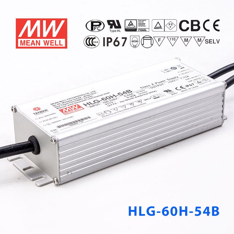 Mean Well HLG-60H-54AB Power Supply 60W 54V - Adjustable and Dimmable 1.15A - HLG-60H-54AB - powersupplymall.com
